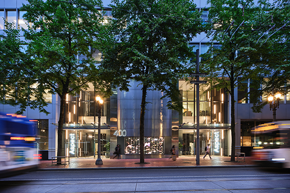 R&H Aspect building exterior at twilight